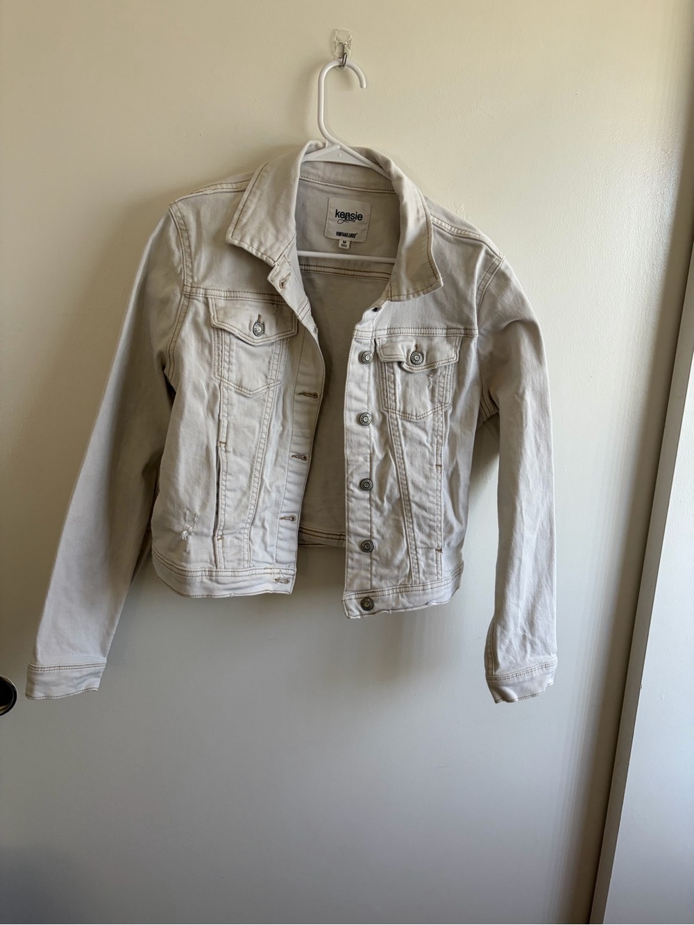 kensie Light Cream Denim Jacket with Button Front